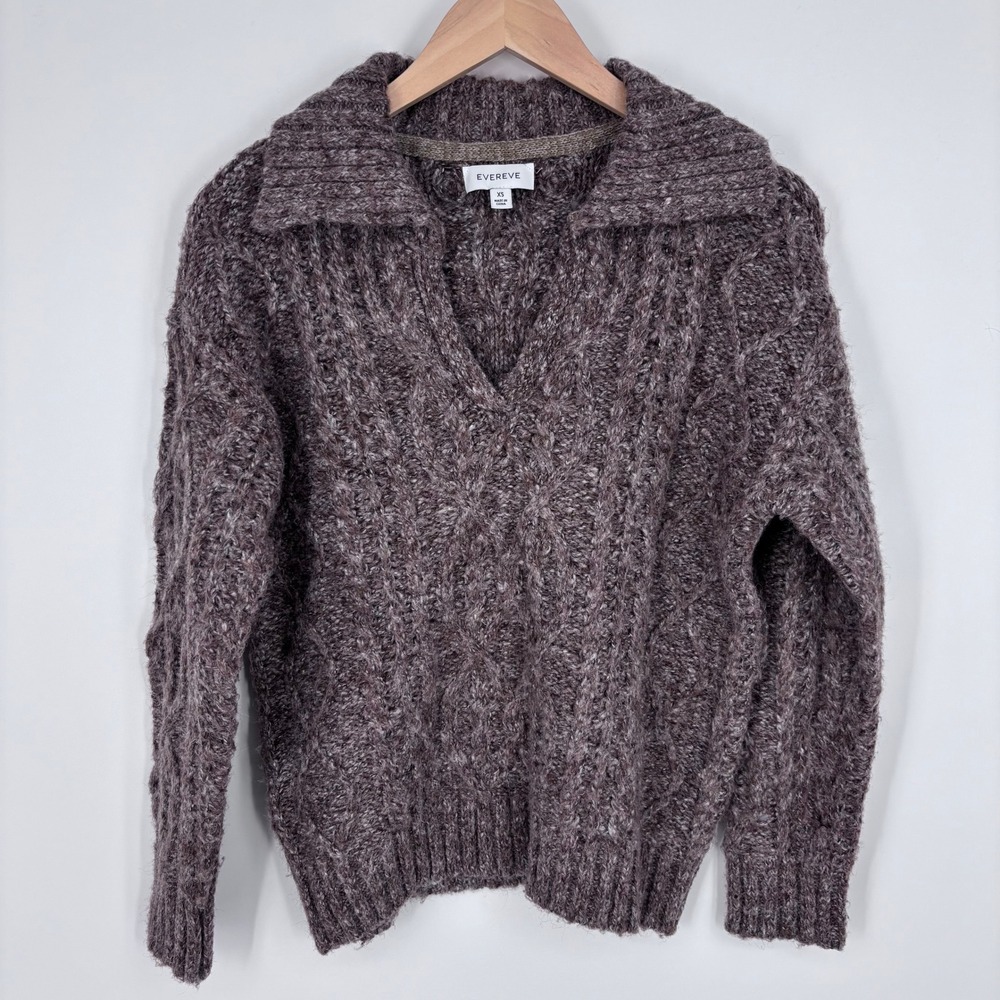 Evereve Cable Knit Collared V-Neck Pullover Sweater Women XS Brown Marled Chunky